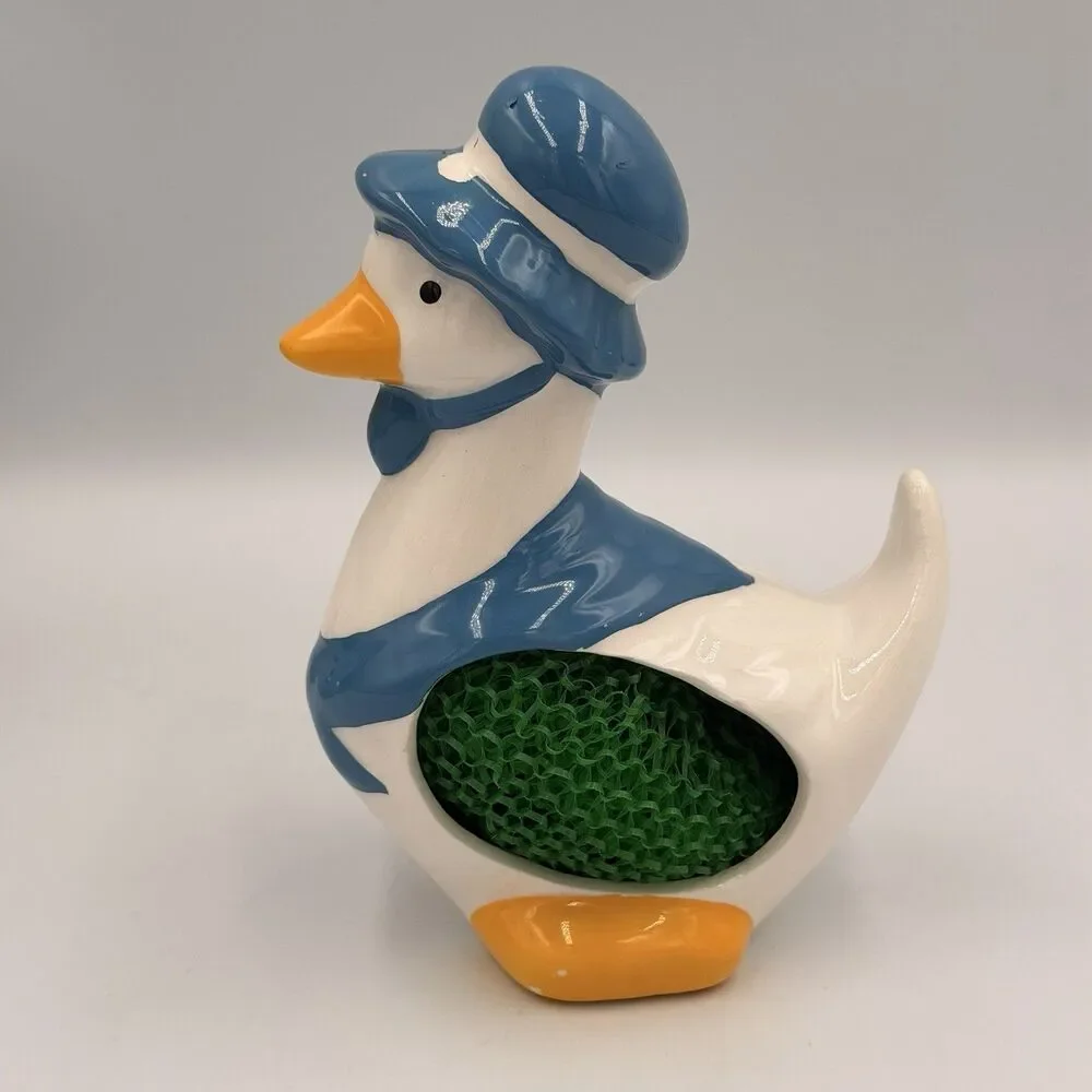 Vintage Country Duck Goose Scouring Pad Sponge Holder Ceramic w/ Box Taiwan